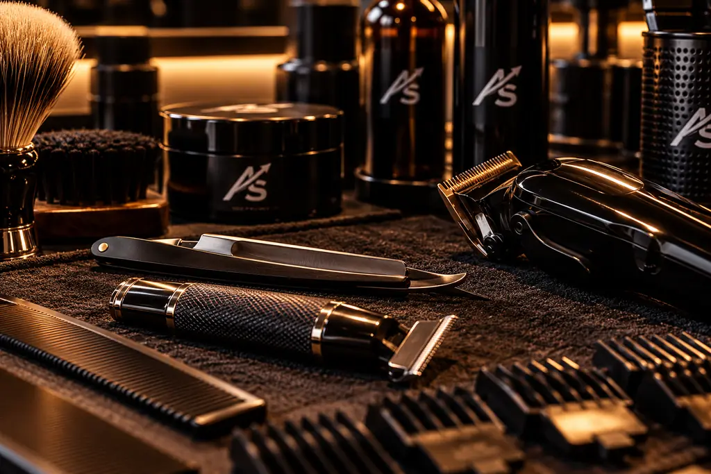 Barber clippers, razors, a shaving brush and grooming products on a counter