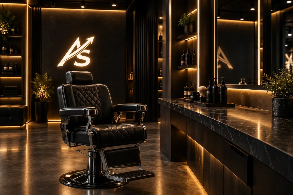 Barbershop interior with a leather barber chair and an illuminated ArtScale logo