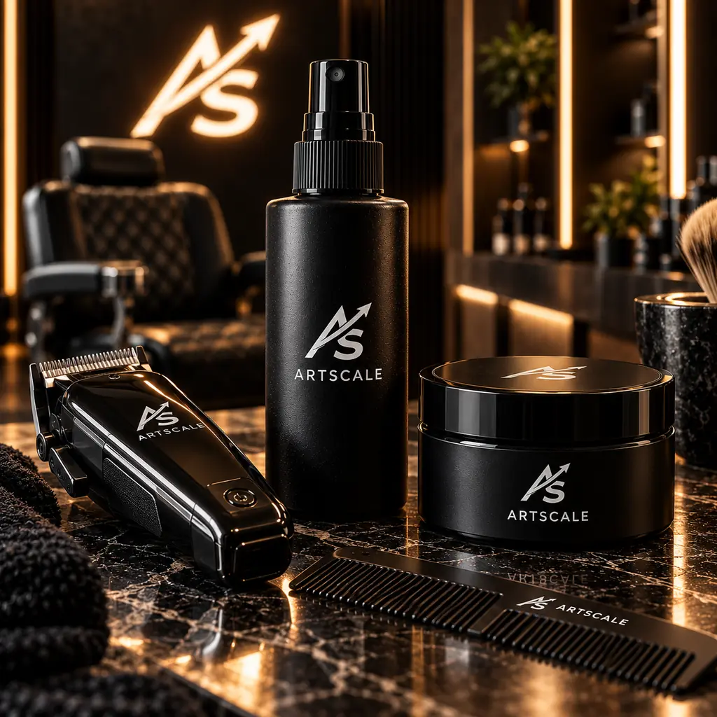 Barber clippers, a spray bottle and a hair product jar with ArtScale branding