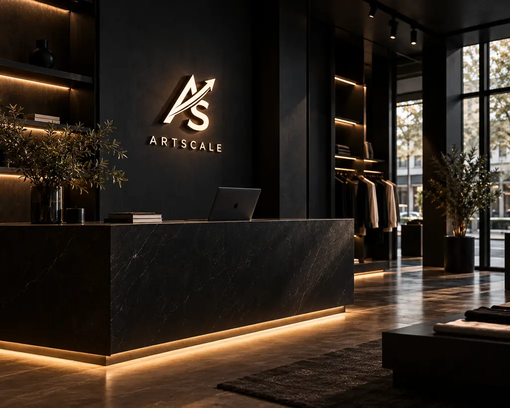 Reception desk of a modern clothing store with an illuminated ArtScale logo