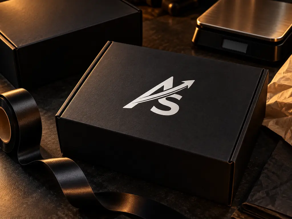 Black ArtScale shipping box and packing tape on a packing table