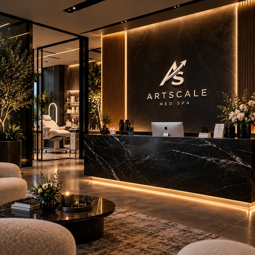 Med spa reception with a marble counter and an ArtScale logo on the wall