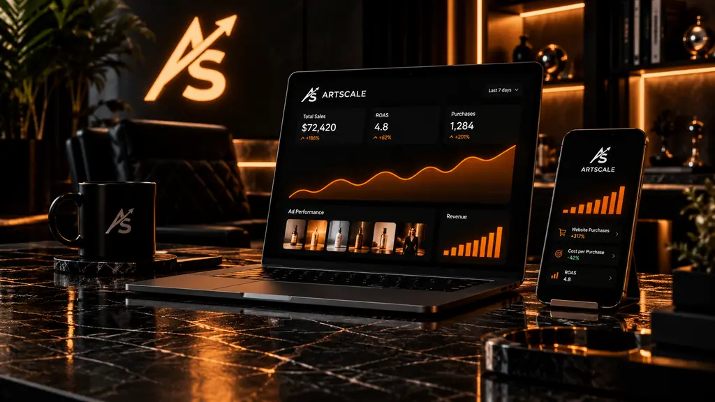 Laptop and phone showing an example Meta ads performance dashboard