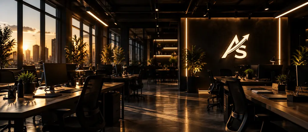 Modern open-plan agency office at sunset with an ArtScale logo