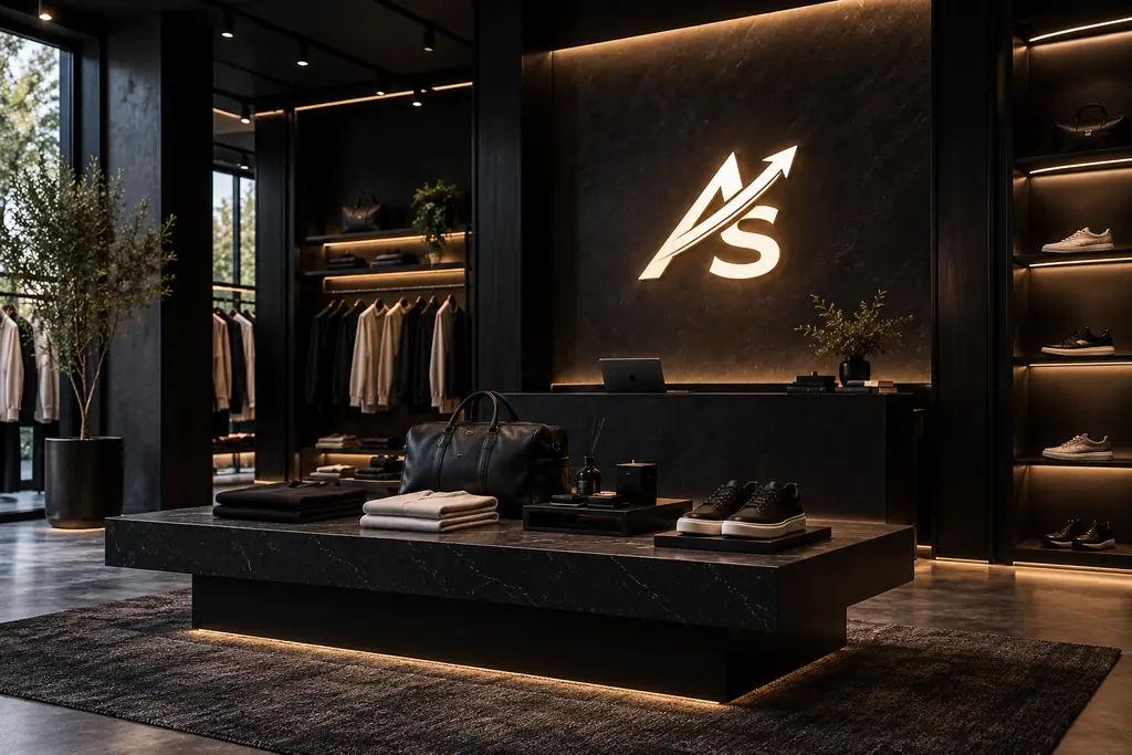 Modern clothing boutique with a display table and an ArtScale logo on the wall