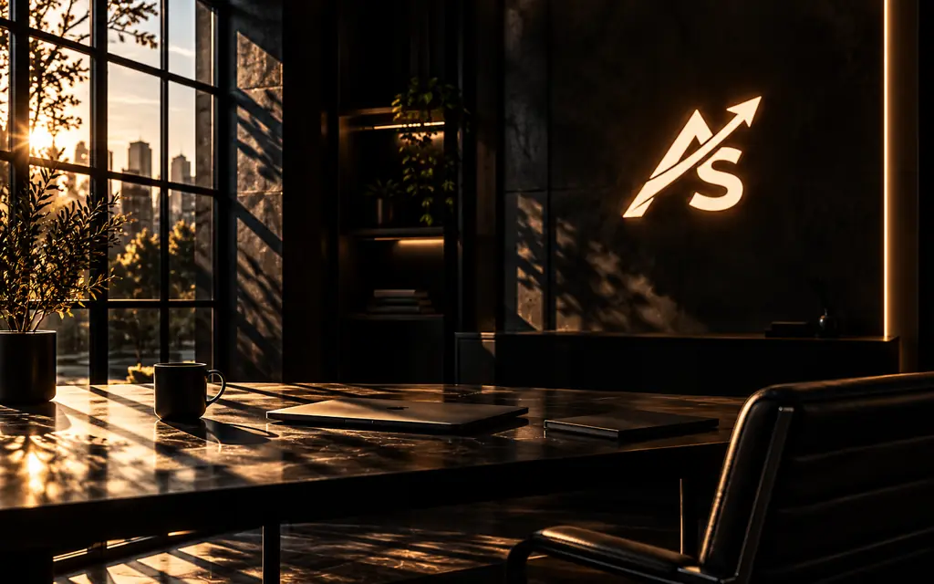 Office desk lit by the setting sun, with an ArtScale logo on the wall