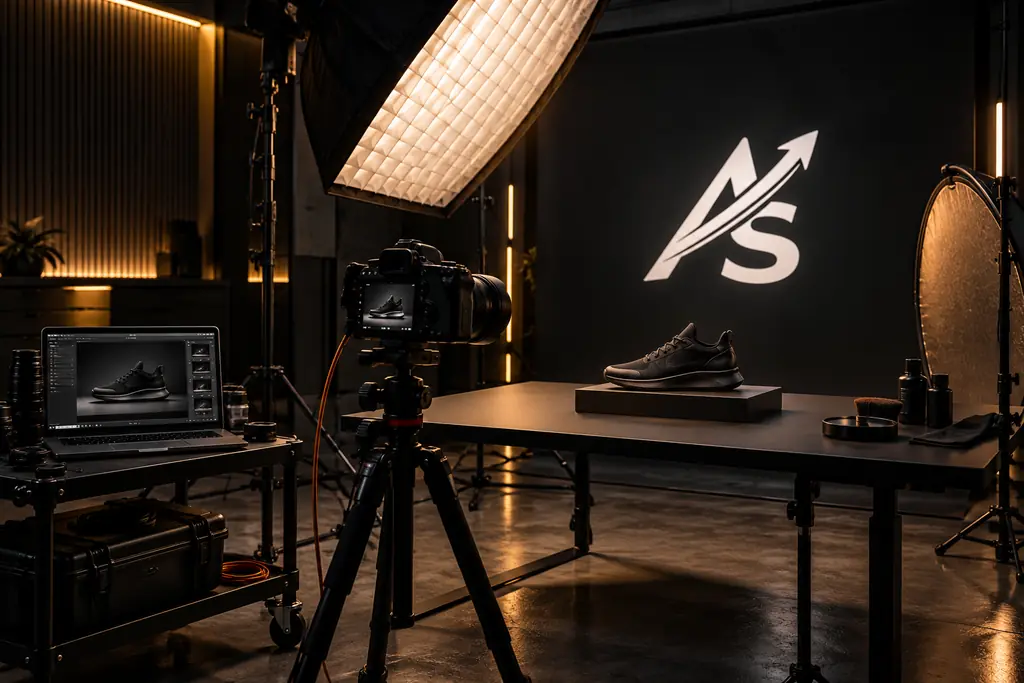 Product photo shoot for ad creative: a camera on a tripod and a softbox lighting a sneaker