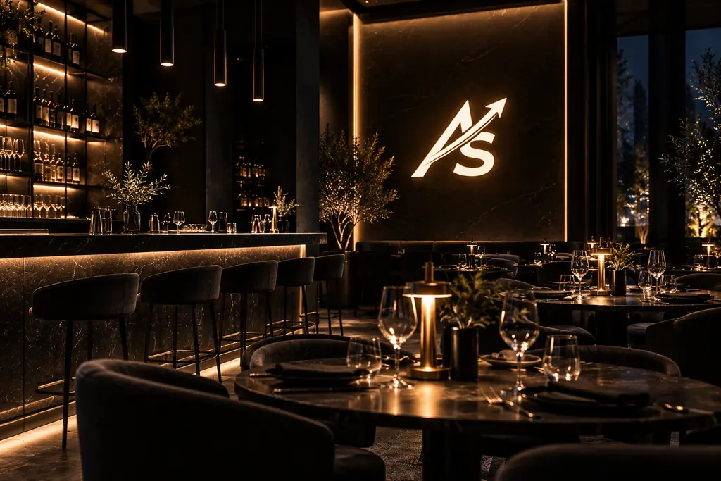 Restaurant dining room in the evening with warm lighting and an ArtScale sign