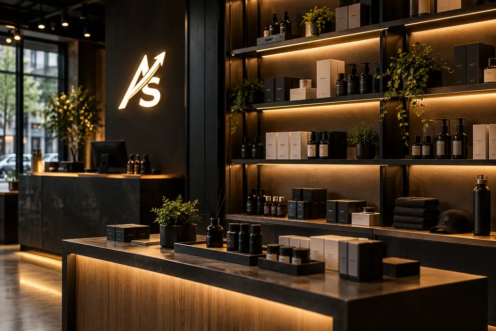 Retail shop with lit shelves of skincare products and an ArtScale logo