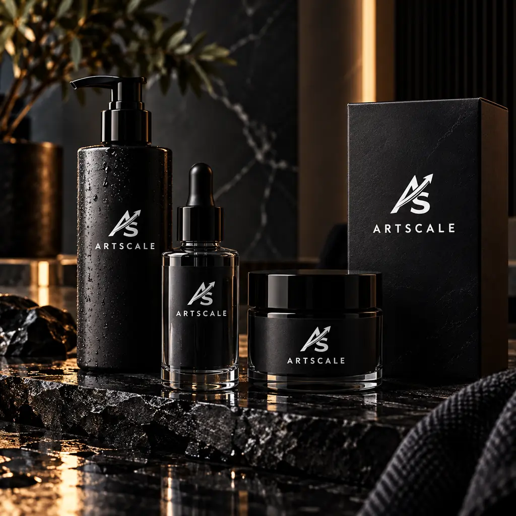 Black skincare bottles, a jar and a product box with ArtScale branding on dark stone